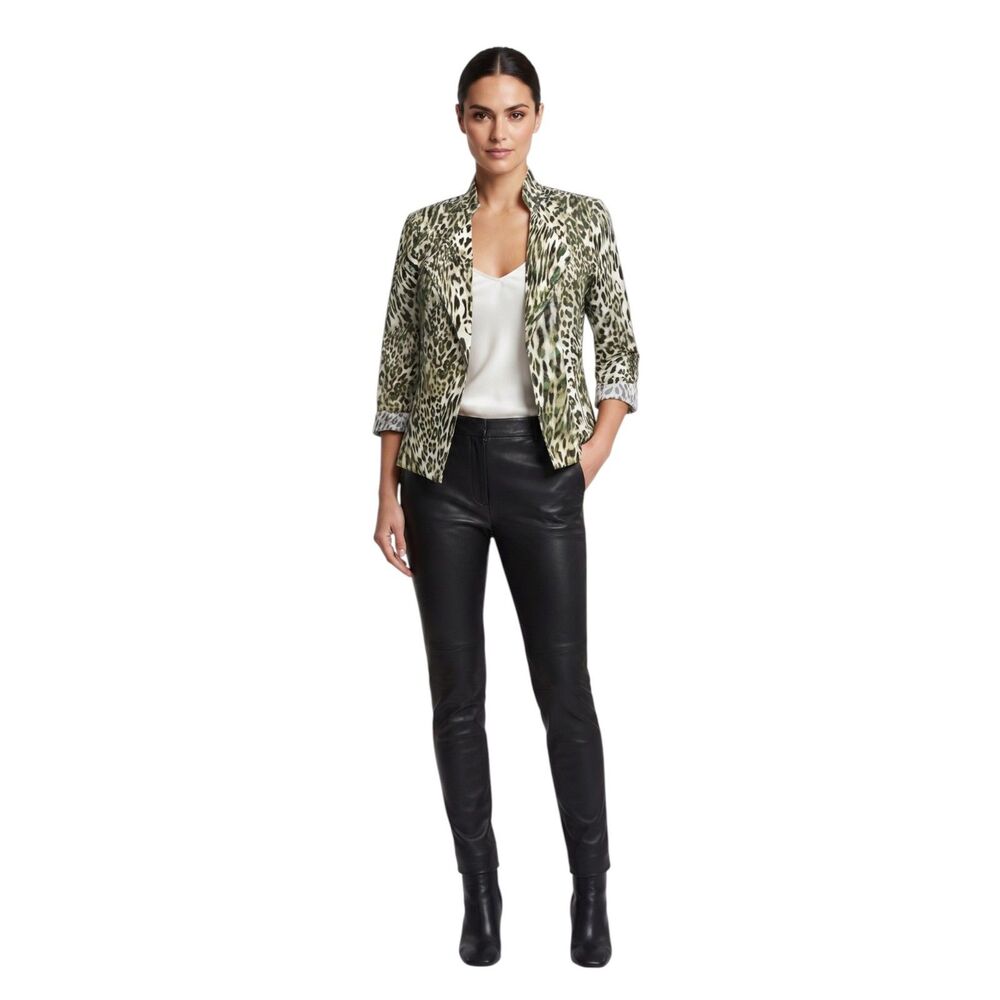 Chico's XS Animal Print Open Linen Jacket, Zip Pockets Sz XS